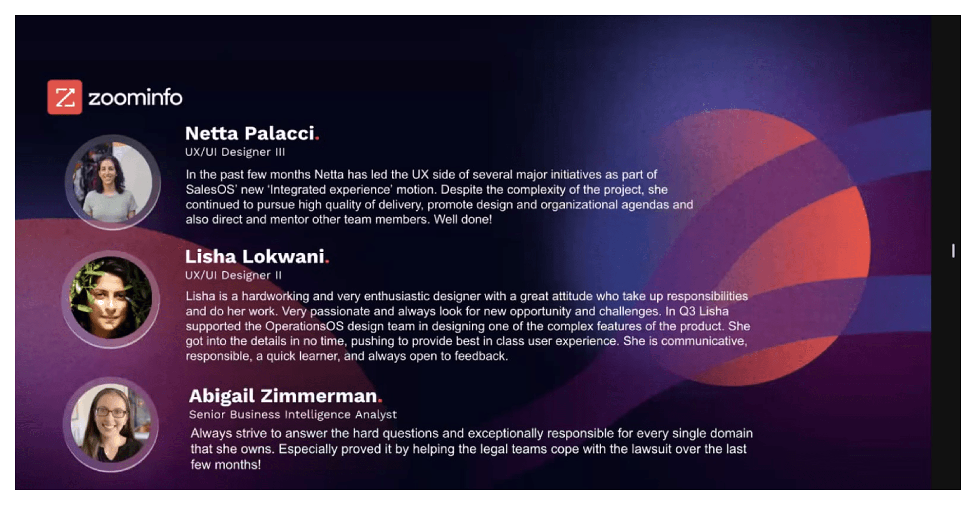 ZoomInfo MVP wall calling out Lisha for connecting design, engineering, and product on a complex initiative.