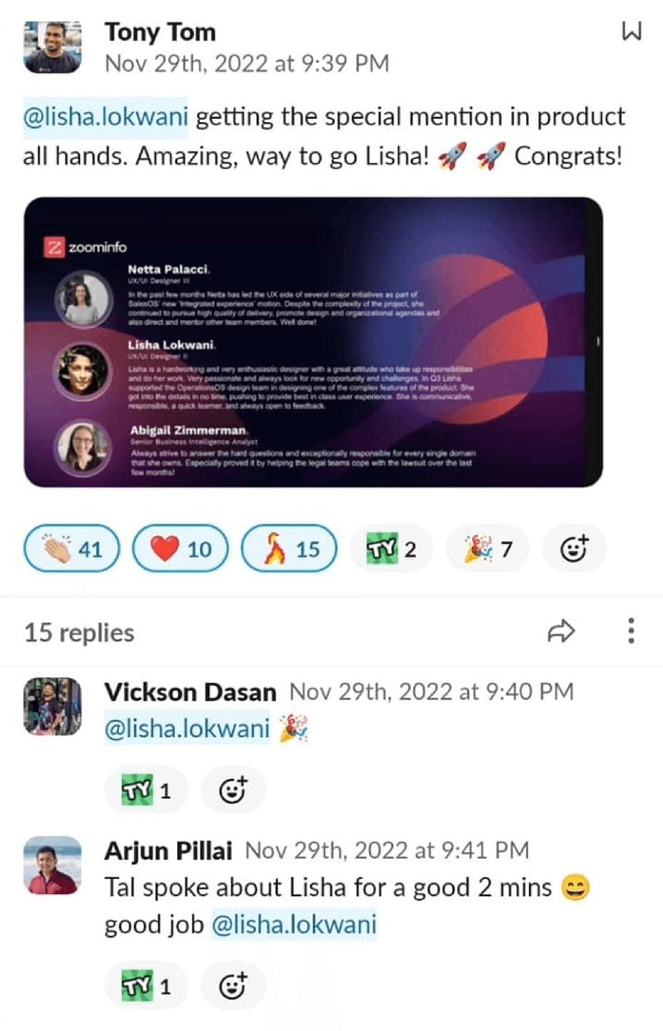 Tony Tom announcing Lisha's special mention in the product all-hands — congrats from the team.
