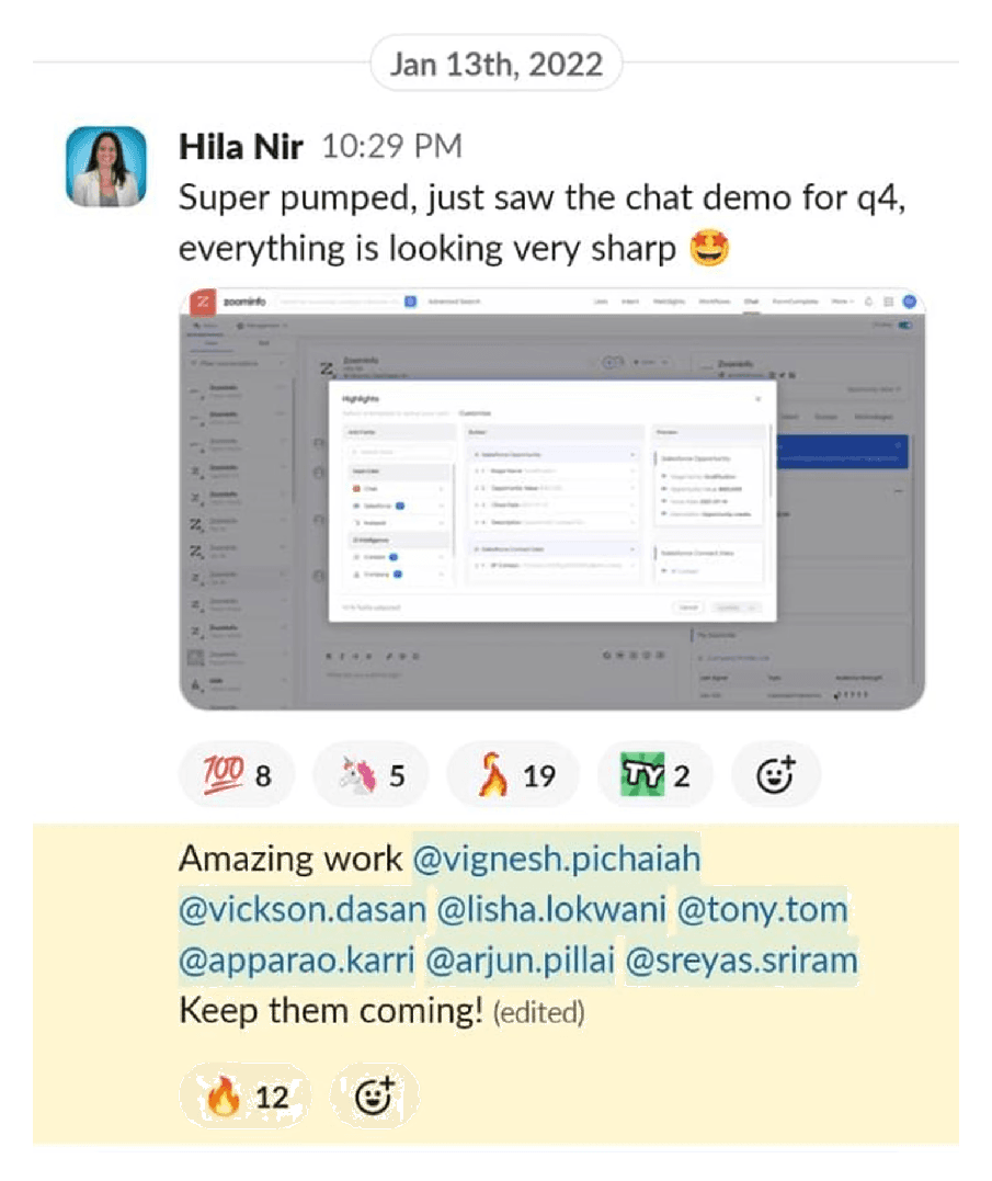 Hila Nir praising the Q4 chat demo for Lisha and team — 'looking very sharp'.