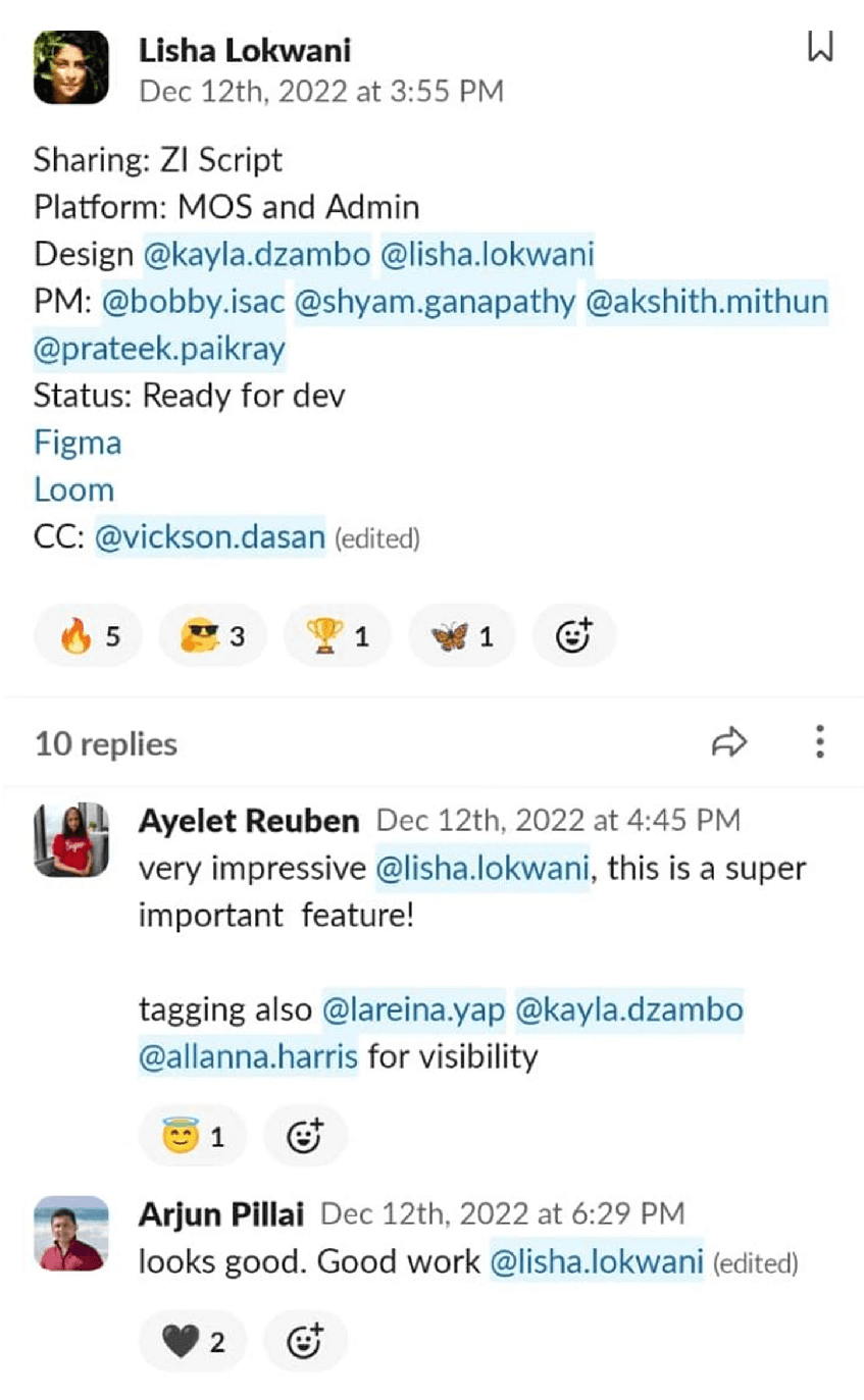 Lisha posting the ZI Script handoff, with replies from Ayelet Reuben and Arjun Pillai applauding the work.