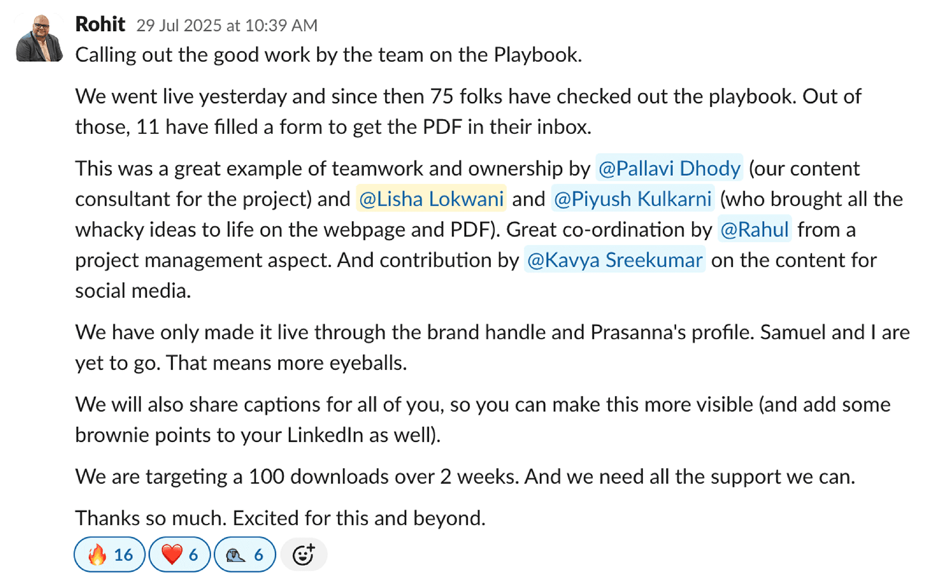 Rohit celebrating the AI Agent playbook launch — 75 reads in a day, calling out Lisha's wacky web ideas.