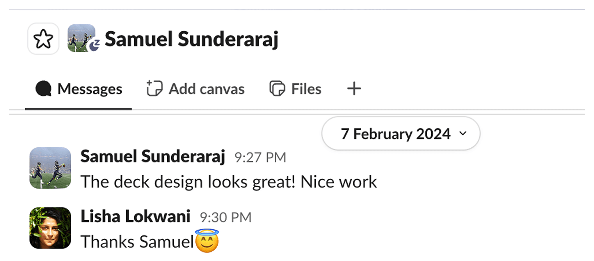 Samuel Sunderaraj sending Lisha a DM saying the deck design looks great. Nice work.