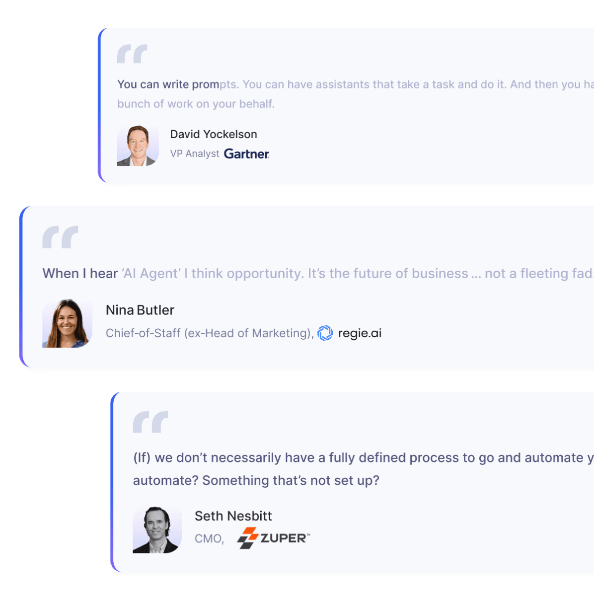 Pull-quote cards from David Yockelson, Nina Butler, and Seth Nesbitt as they appear inside the playbook — each speaking to a different angle of AI adoption inside GTM teams.