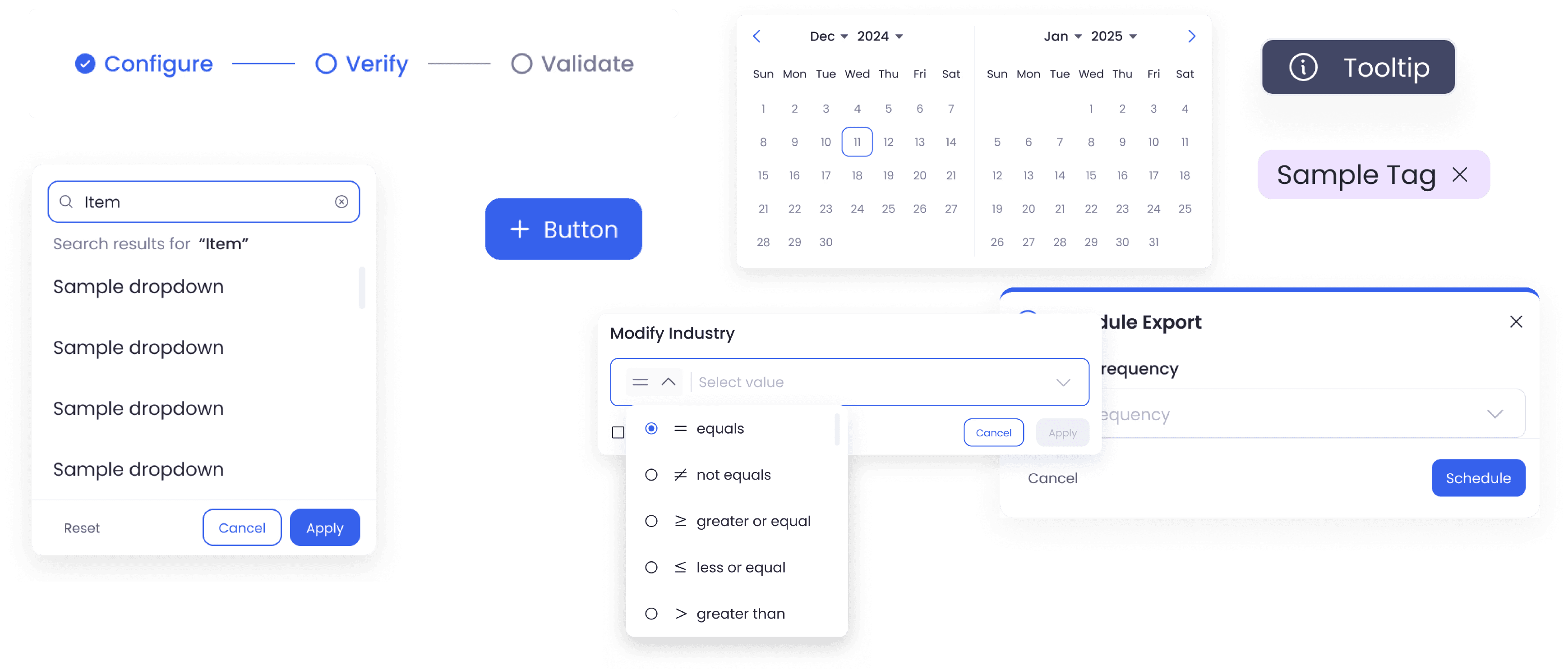 A curated set of Petavue design-system components on a textured background: a multi-step progress bar, calendar, primary button, dropdown, tooltip, tags, and a multi-select filter modal.