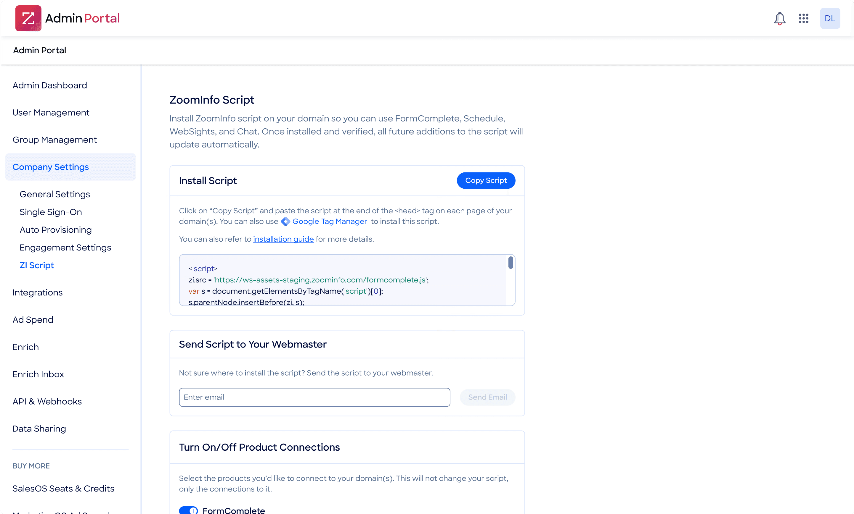 The ZoomInfo Admin Portal with the new unified ZI Script settings page open: a single Install Script panel with a copy button, a 'Send Script to Your Webmaster' email form, and a 'Turn On/Off Product Connections' section below.