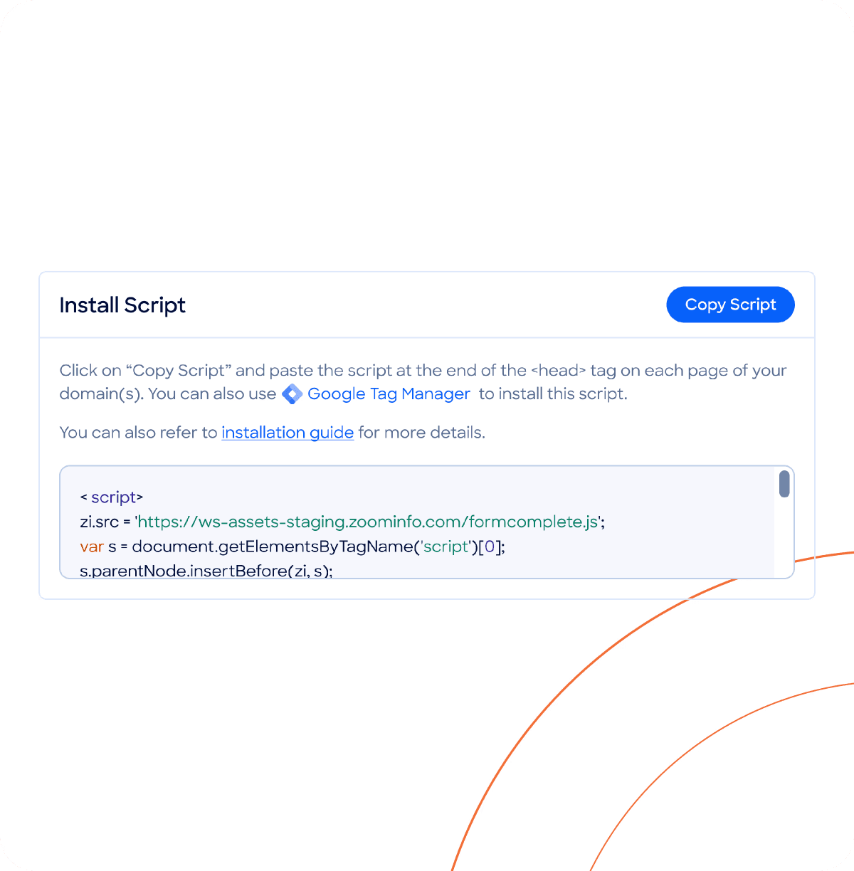 The Install Script panel: an instruction line ('Click on Copy Script and paste the script at the end of the <head> tag on each page of your domain(s)'), a link to the installation guide, and a code block showing the single ZoomInfo script snippet with a 'Copy Script' button.